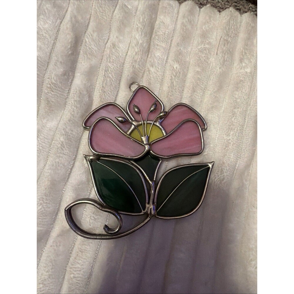Vtg Flower Suncatcher Slag Glass Pink Green Silver Leaded 4.5” Ornament